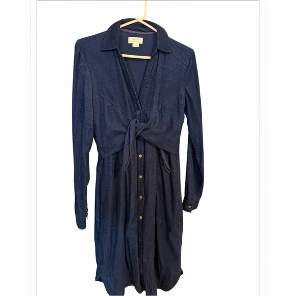 Maeve Navy Corduroy  Button-Front Tie-Waist Midi Dress - Picture 2 of 3